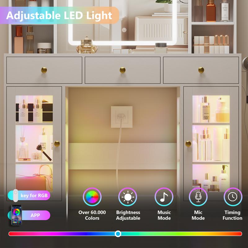 Led Light White Vanity Desk with Mirror and Lights, Glass Top Vanity with Lighted Mirror & RGB Cabinet and 3 Drawers, Dressing Table with 8 Shelves, Modern makeup vanity，Makeup Desk with Lights for Girls Bedroom,