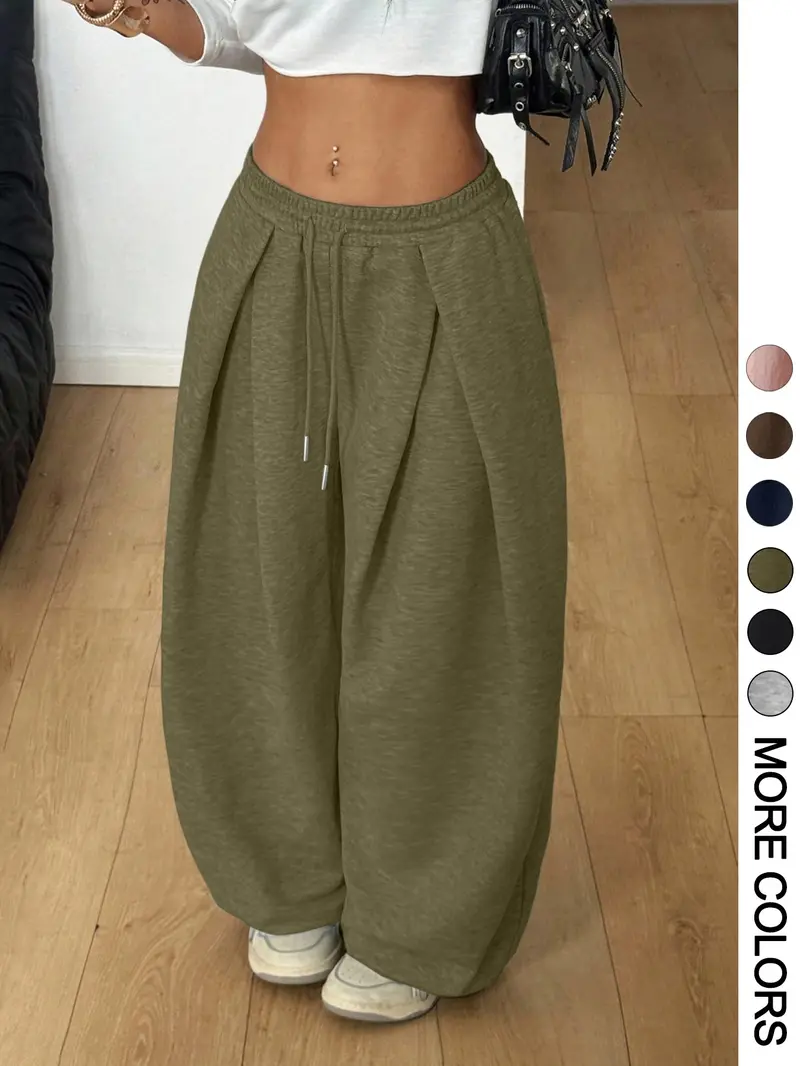 Women Elastic Waist Cuffed Jogger Pants, High Waist Baggy Wide Leg Sweatpants With Drawstring Ankle, Casual Streetwear for Lounging Daily Going Out Women Elastic Waist Cuffed Jogger Pants, High Waist Baggy Wide Leg Sweatpants With Drawstring Ankle, Casual Streetwear for Lounging Daily Going Out