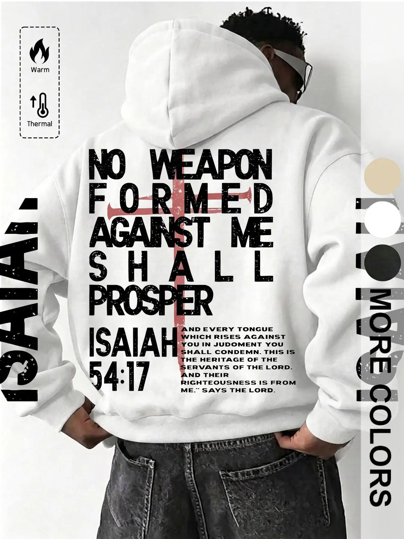 Men's Isaiah 54:17 Bible Print Hoodie, Christian Faith Theme Streetwear Pullover, Casual Long Loose-Fitting Hoodie for All Seasons