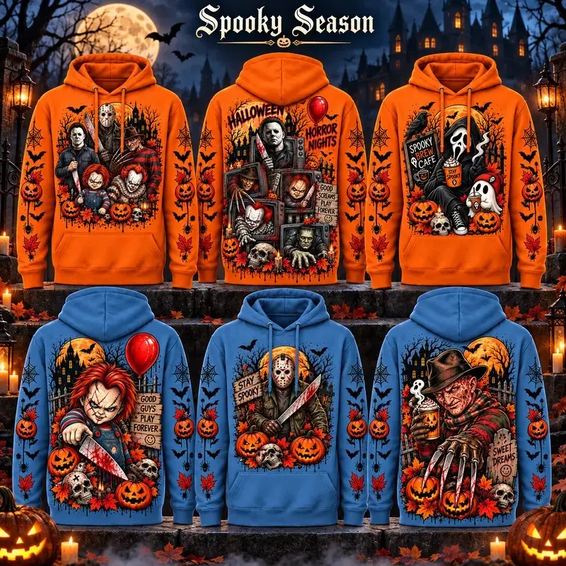 Unisex Fall Horror Movie Velour Hoodie - Season Garment with Casual Bat, Scary Character, Pumpkin Front-Back Prints, Soft Fabric, Comfortable Fit Pullover#Season#Halloween Hoodie#HorrorMovie#ScaryMovie#FallHorror