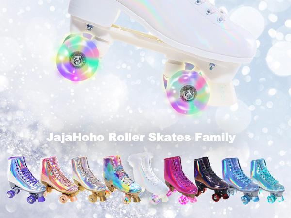 JajaHoho Roller Skates for Women, White Holographic High Top PU Leather Rollerskates, Shiny Double-Row Four Pearl Giltter Wheels Quad Skates for Girls and Age 8-50 Indoor Outdoor (White Swan)