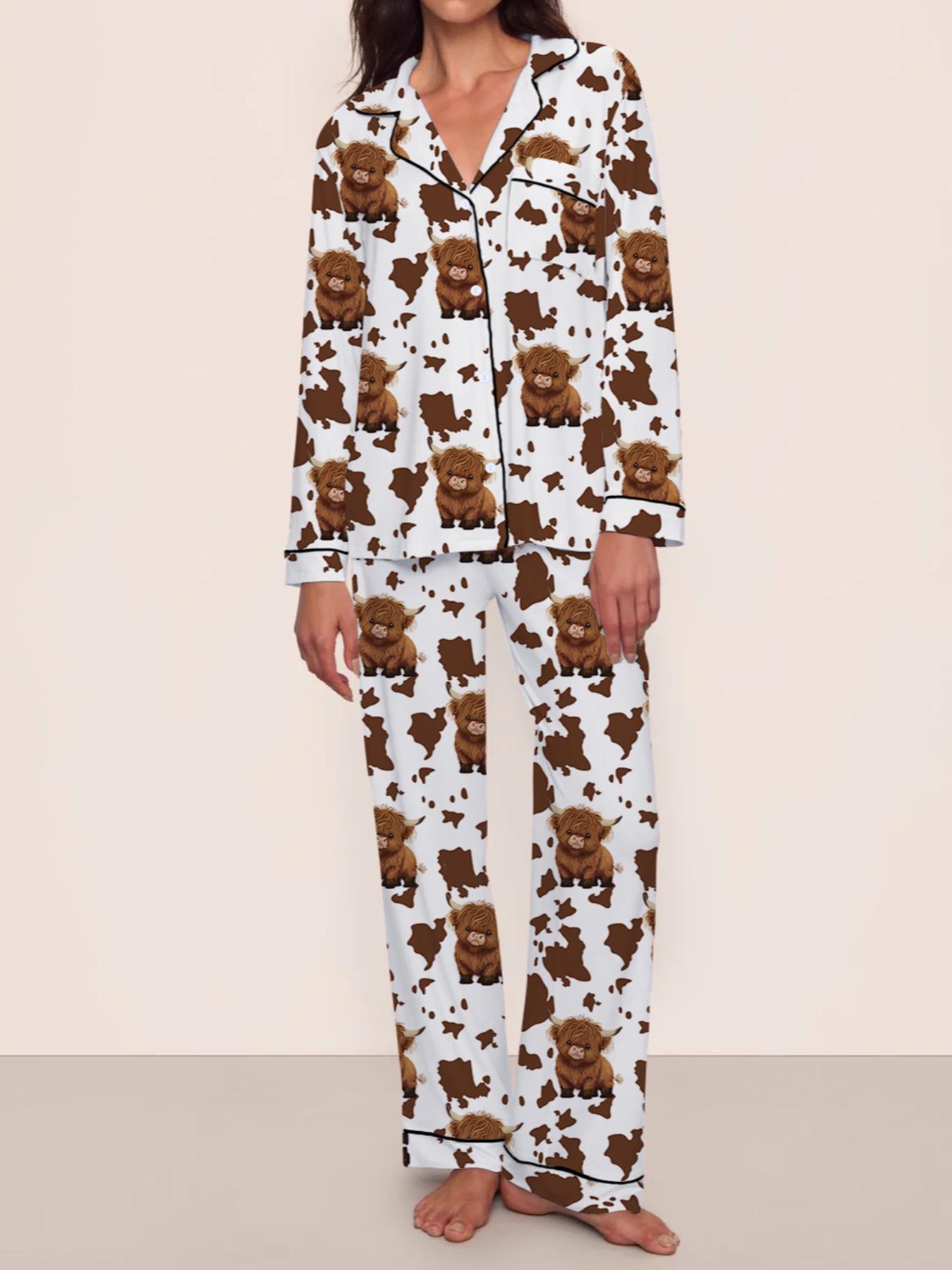 【Highland cattle】Women's Cartoon Cow Print Pajama Set, Long Sleeve & Pants, Elastic Waistband, Comfortable Home Wear, Fall Winter