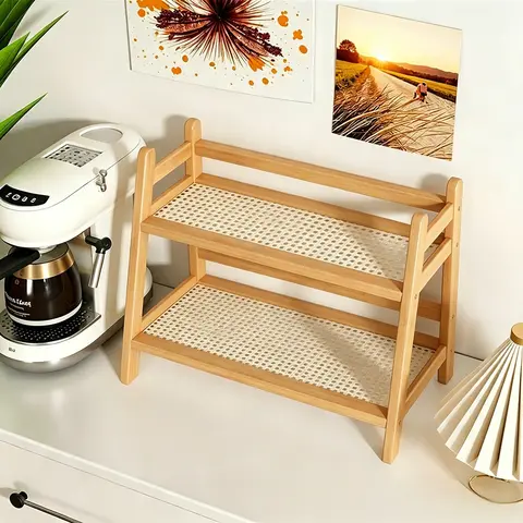 Wicker-Look Tea and Coffee Bar Station Organizer, Bamboo Mug Holder, Cup Holders and Matcha Stand, Cup Display Shelf and Condiment Storage Rack for Kitchen Counter, 2-Tier Beverage Organizer Display Riser, Multifunctional Kitchen Organizers