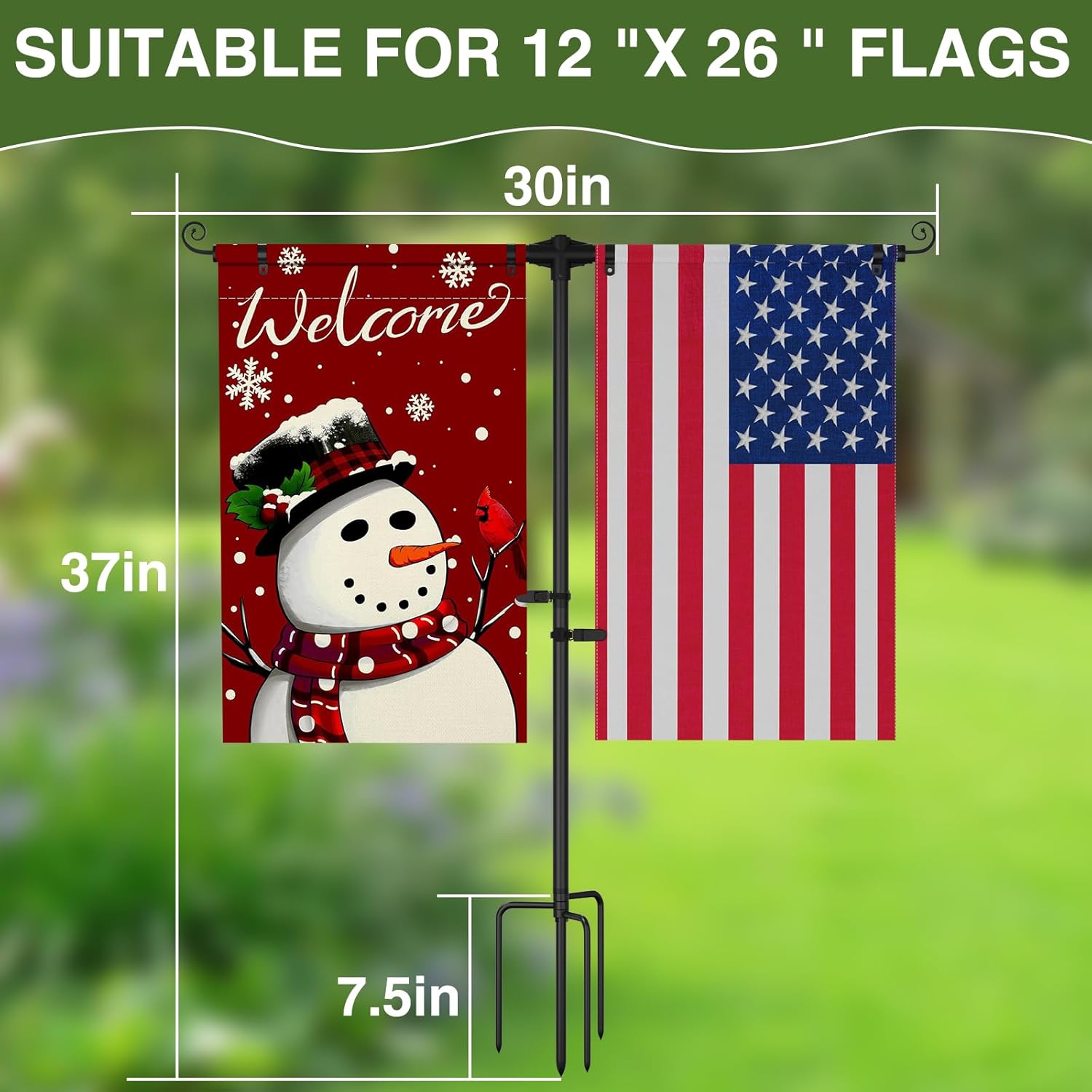 Garden Flag Stand for Yard - Heavy Duty 3/4" Thick  Garden Flag Holder with 4-Prong Base, -Coated Rustproof, Fits 12x18 Double Flags for Outdoor Decor