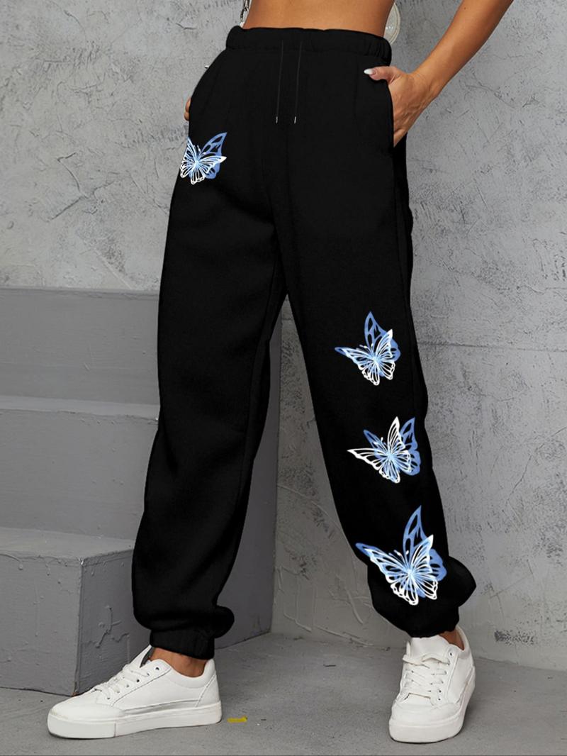 Women's Butterfly Print Drawstring Waist Sweatpants, Casual Pocket Jogger Pants For Spring & Fall, Women's Trousers For Daily Wear