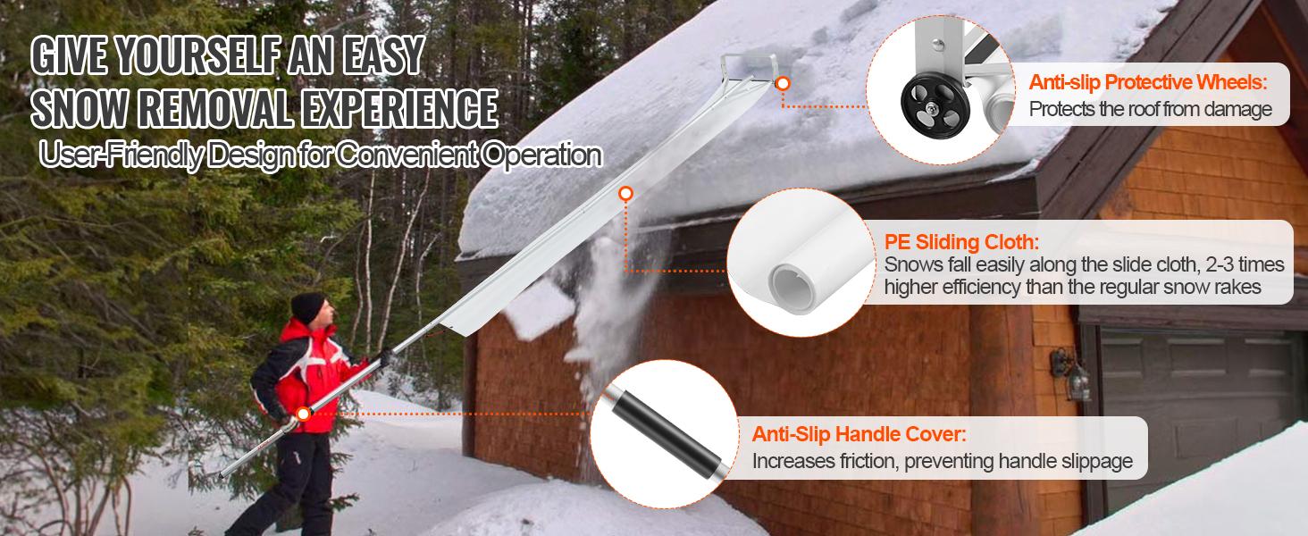 VEVOR Snow Roof Rake, 30ft Reach Aluminium Roof Shovel with Slide Cloth, Premium 19 Blade Snow Removal Tool, Safe on Roof with Roll Wheels, Anti-Slip Handle, Use for House Roof, Car Snow, Wet Leaves