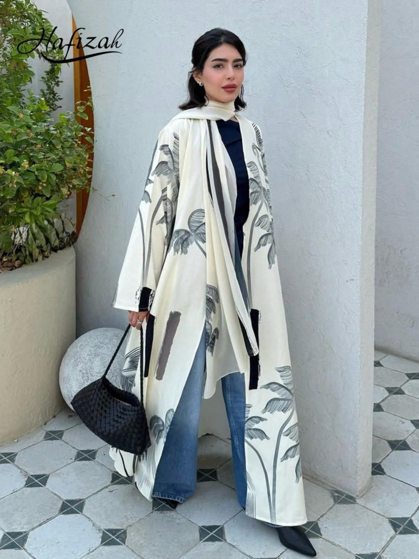 Hafizah Women's Loose-Fit Casual Coconut Tree Print Long Outerwear & Scarf Matching Set for Vacation