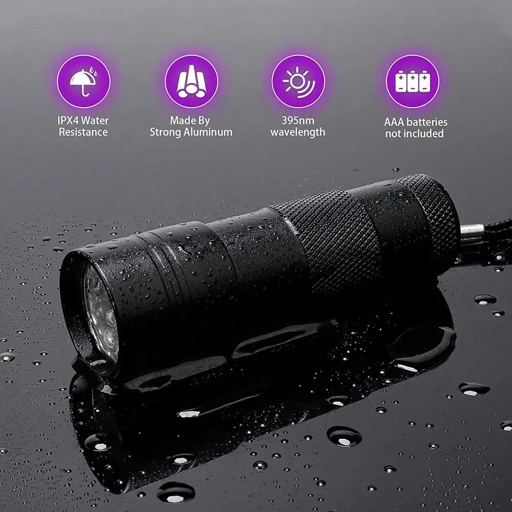 UV Handheld Waterproof Light Flashlight, 12 LED 395nm Mini Detector for Pet Urine Stains, No Battery Included