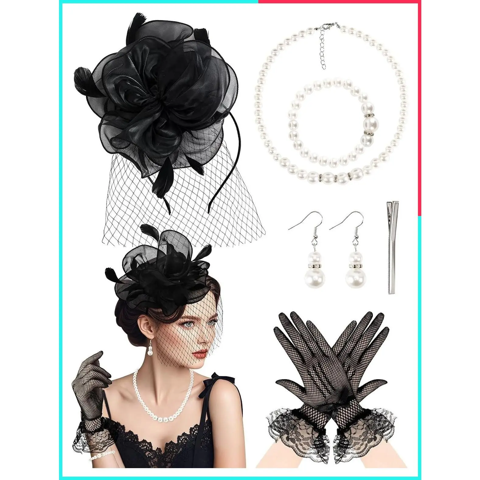 5Pcs Fascinator Hat and Lace Gloves Set for Women Tea Party, Feather Veil Mesh Headband, Pearl Jewelry, 1920s Derby Wedding, Elegant Vintage Styling