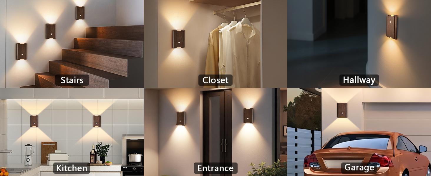 Spring Sales Autonight Light Classic Walnut Grain Finish Motion Sensor Wall Sconce w/ Remote Rechargeable Battery 3 Color Dimmable Up/Down Lighting for Hallway Bedroom Stairs Adjustable Leds, Porch Light