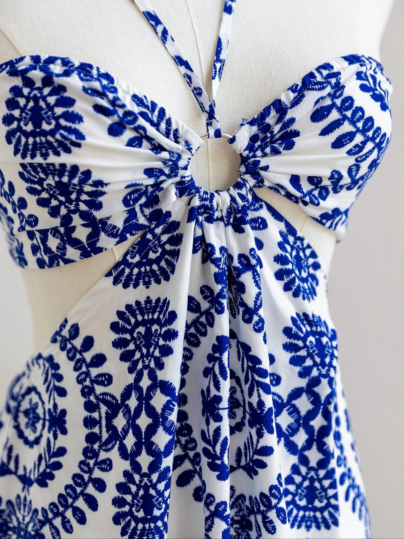 Women's Boho Vacation printed pattern Sexy Halter Drawstring Hollow Waist Dress, Suitable For Beach, Music Festival, Hippie, Party, Date, Afternoon Tea