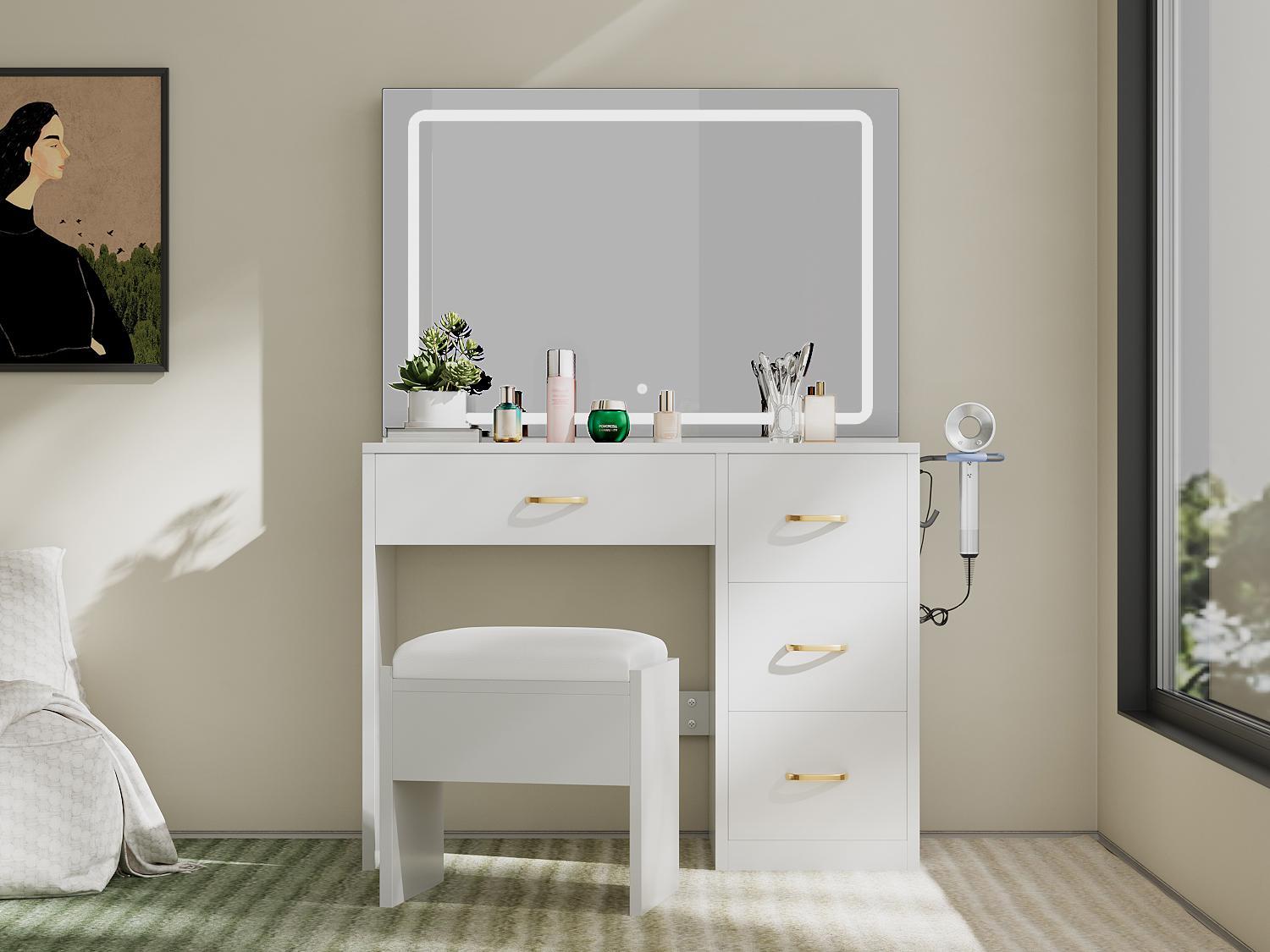 YITAHOME Makeup Vanity Desk with Large Lighted Mirror with Power Outlet and LED/Bulb Strip, 3 Color Lighting Modes with Adjustable Brightness, 4 Drawer Vanity Table with Cushioned Stool for Bedroom