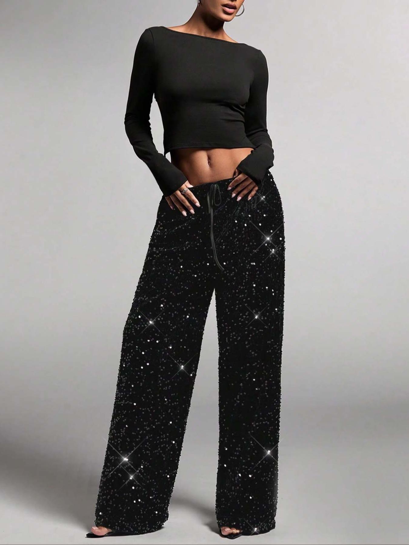 Women's Fashion Pants with Elastic Waistband, Bow Design, Sequins Detailing, Stylish Trousers for Casual Wear