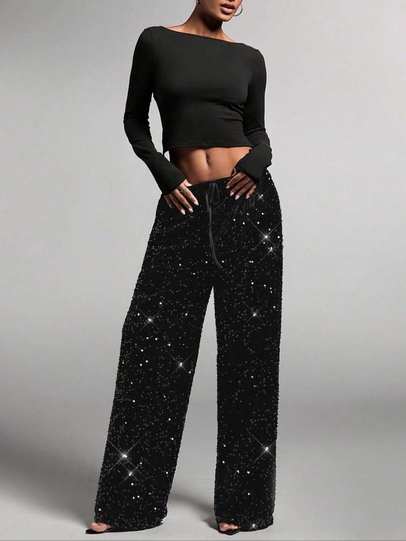Women's Fashion Pants with Elastic Waistband, Bow Design, Sequins Detailing, Stylish Trousers for Casual Wear