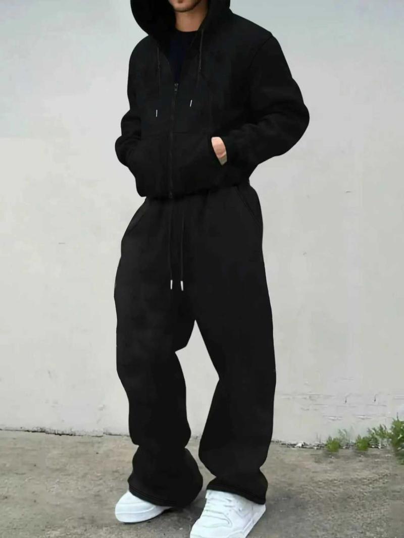 Men's Fall & Winter 2-Piece Set, Loose-Fit Zip Hoodie + Drawstring Casual Sports Pants, Letter Pattern, Fitted Style, Athleisure Wear Set