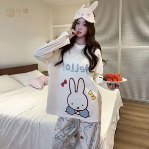 Kawaii Miffy Rabbit Pajamas Spring and Autumn Women's Long-sleeved Casual and Cute Cartoon Student Pure Cotton Home Wear