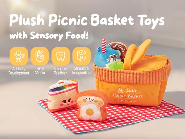 Hahaland Baby Toys 6-12 Months – Picnic Basket Sensory Toy with Crinkle, Rattles, Teether & Mirror, Montessori Play Food Plush for Early Development, Baby Shower Gift for 1+ Years Boys & Girls