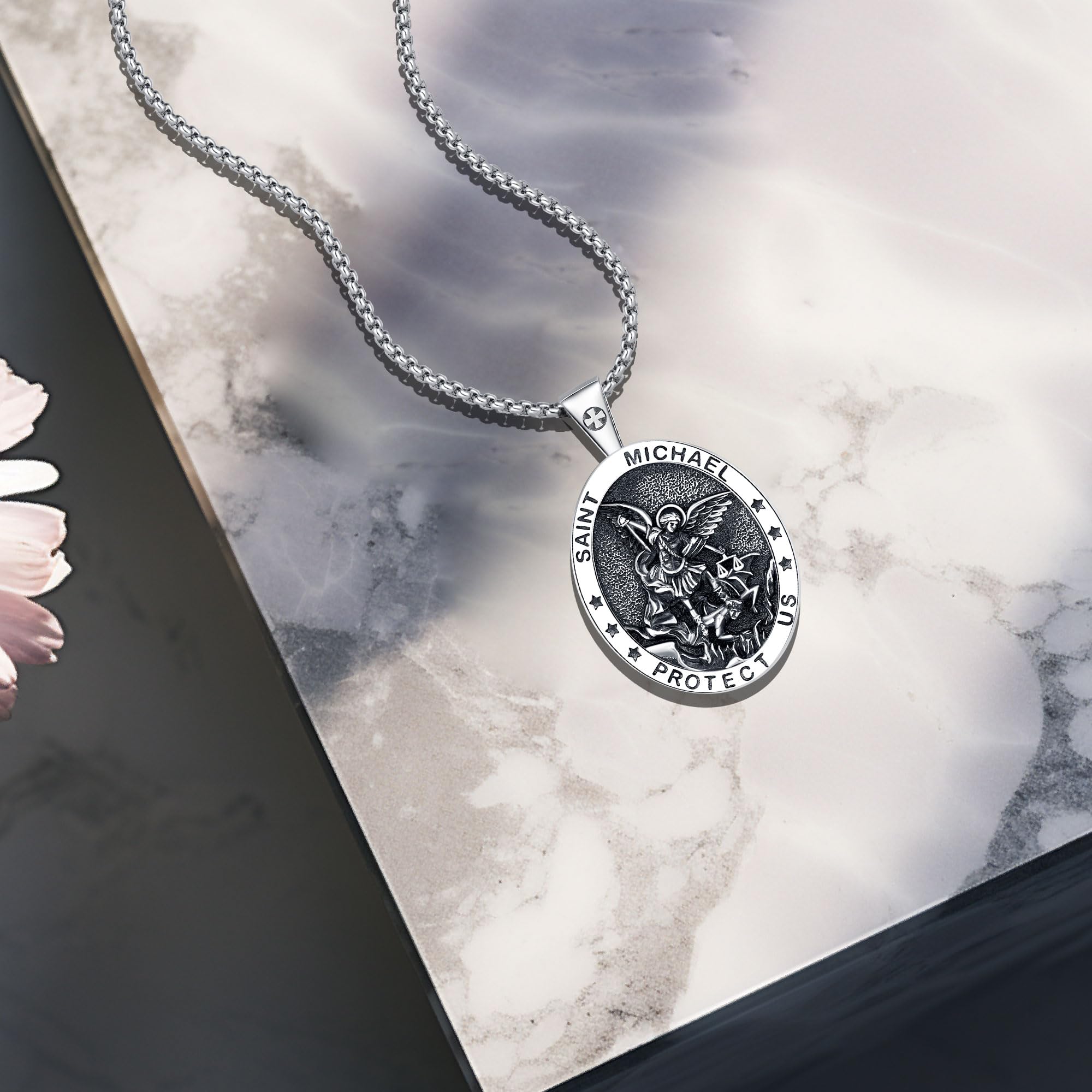 DRINSPER Saint Michael Necklace 925 Sterling Silver Pendant Catholic Jewelry St Michael the Archangel Protection Amulet Necklace for Men