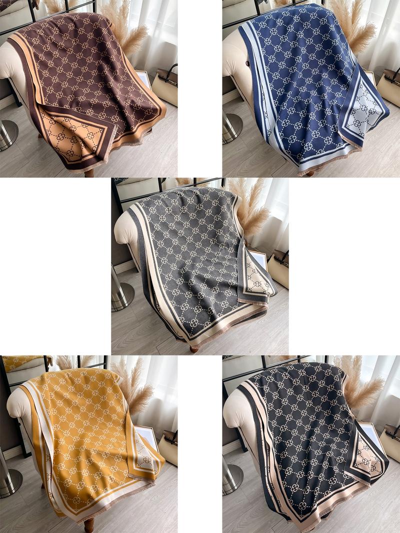 Double Sided Four-leaf Clover Print Scarf, Tassel Decor Elegant Soft Warm Floral Print Shawl for Fall & Winter, Fashion Accessories for Women & Men