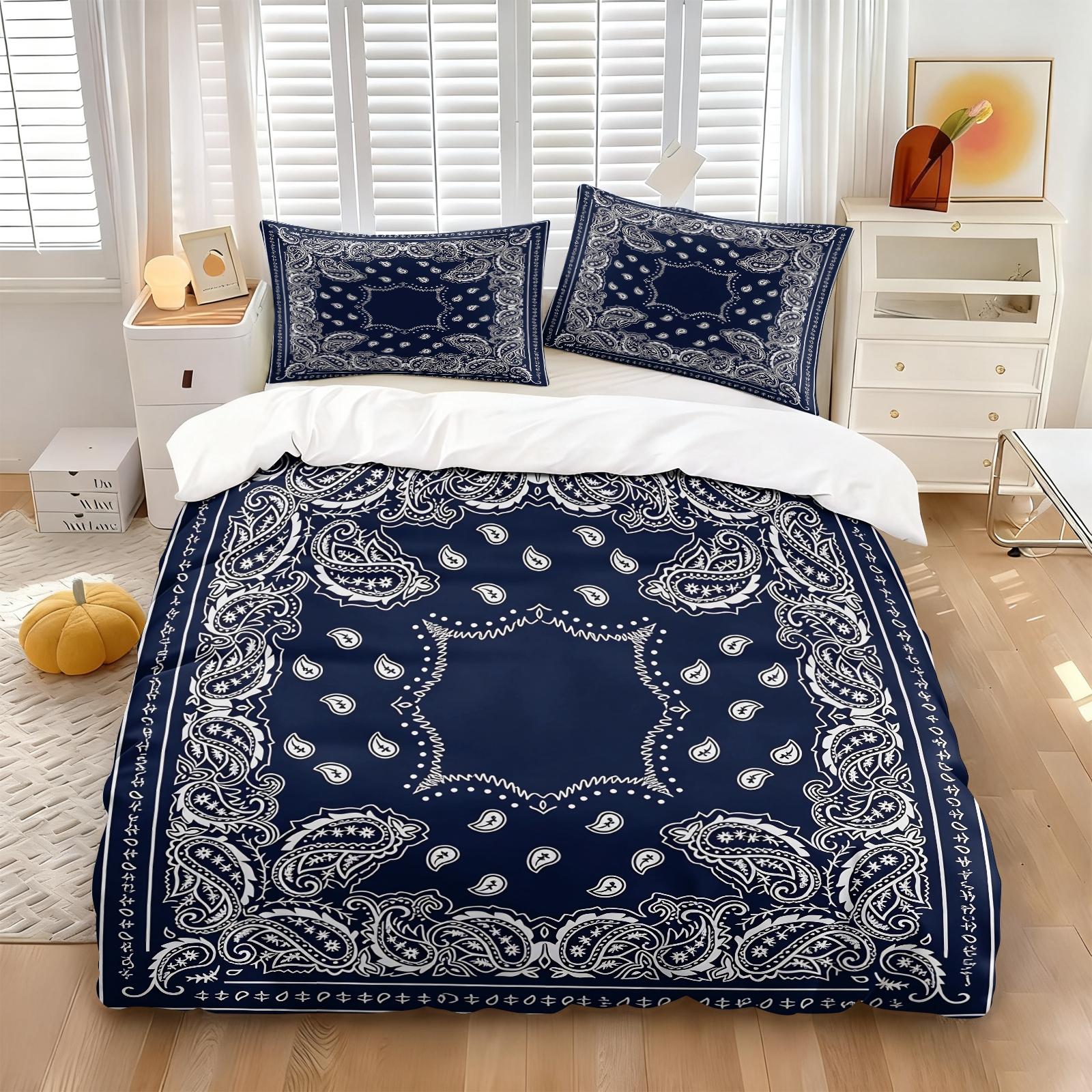 3PCS Navy Blue Bandana Paisley Duvet Cover Set (1 Duvet Cover + 1-2 Pillowcases), Classic White Border Paisley Print, Skin-Friendly Soft Comfy All Seasons Summer Bedding Set, Perfect for Streetwear Bedroom & Hip Hop Style Lovers