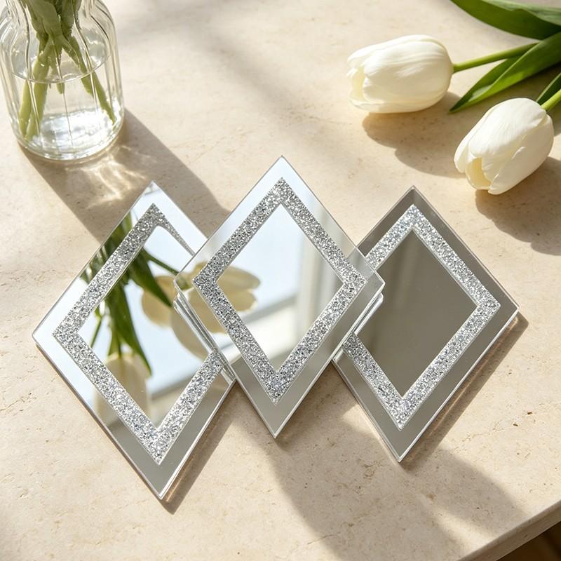 Silver diamond-shaped wall mirror, wall mounted mirror, decorative crystal-studded mirror, suitable for bedrooms, living rooms, and hallways, home decor