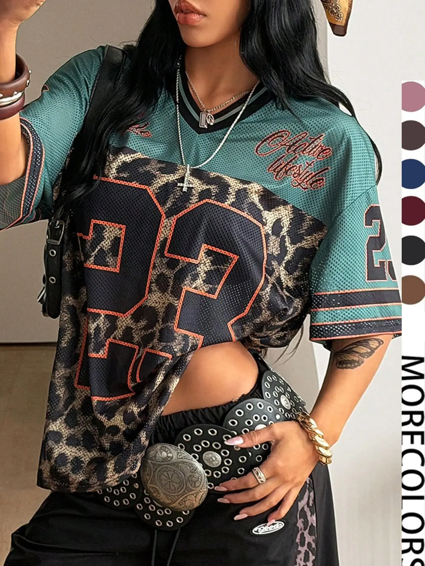 Y2K Retro Style Peregrinate 23 Leopard Print Jersey Top, Loose Fitted V-Neck Sport Tee, Hip-Hop Athletic Fashion Streetwear for All Seasons