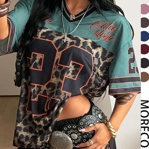 Y2K Retro Style Peregrinate 23 Leopard Print Jersey Top, Loose Fitted V-Neck Sport Tee, Hip-Hop Streetwear for All Seasons, Sports T Shirt
