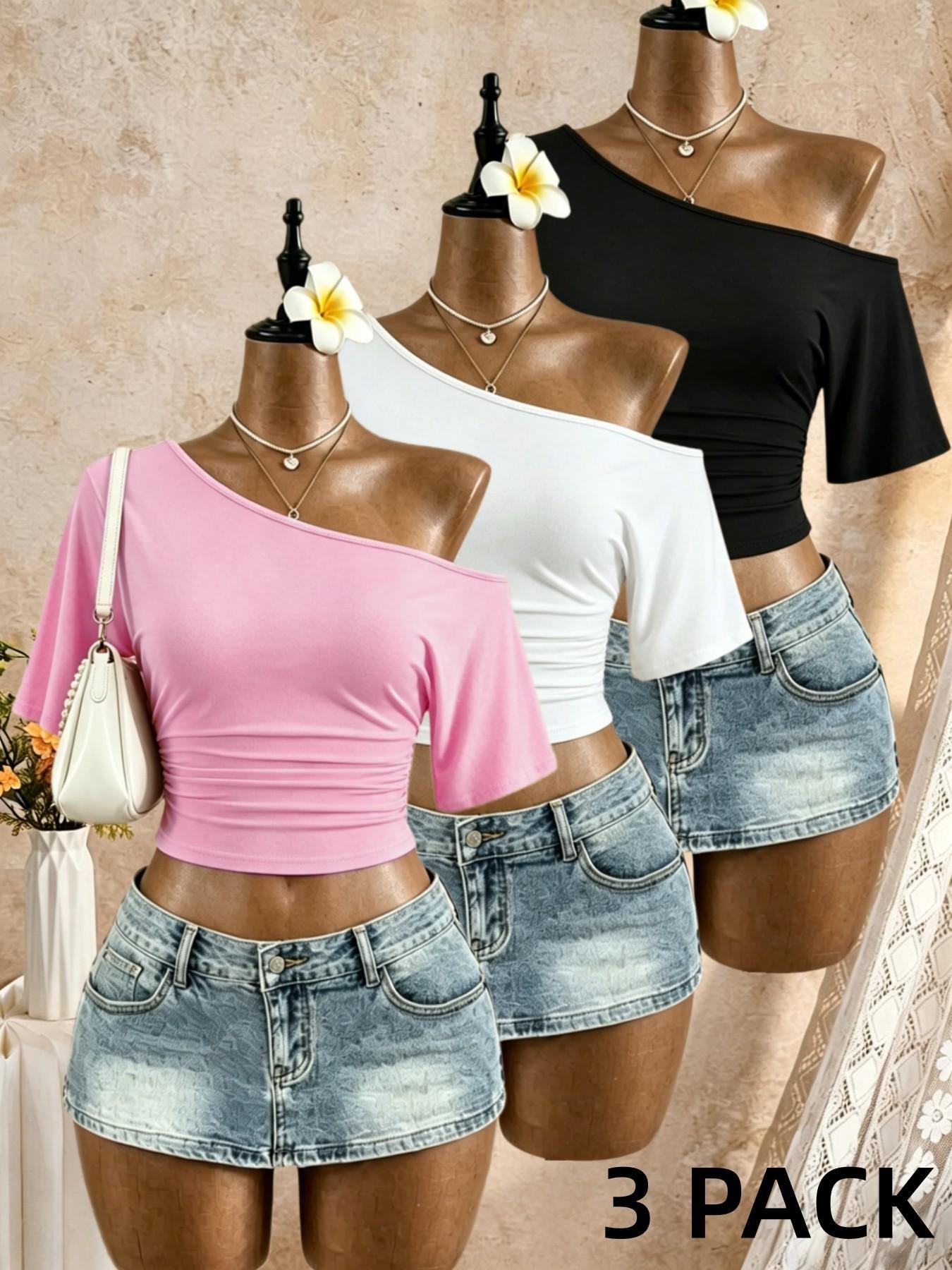 3-Pack Asymmetrical Shoulder Pleated Mid- Sleeve Short T-Shirts, Streetwear Date Wear, Show Waist Slimming Top, Trendy Ladies' Clothing, Casual Chic, Casual Daily Tops