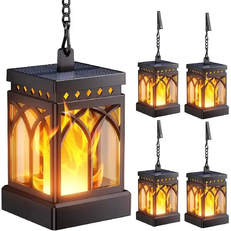 4-Pack Solar-Powered Hanging Flame Look Lanterns - Upgraded Flicker Mode + Constant Mode Synthetic Outdoor Decor for Table, Yard