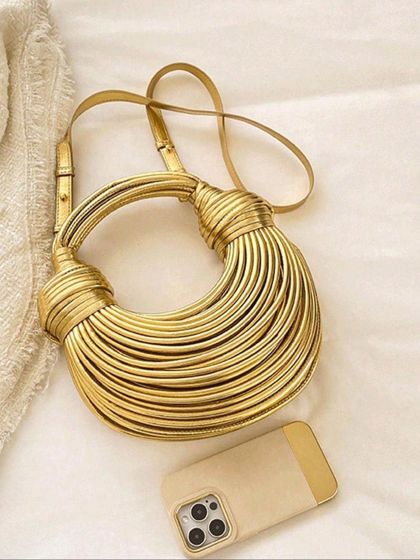 Fashion Gold Handmade Woven Bag Decoration Design Retro Heavy Shoulder Bag, Rope Knotted Pulled Noodle Bag, Ladies' Purse, Hobo Purse, Suitable For Shopping, Commuting To Work, Party Gathering.