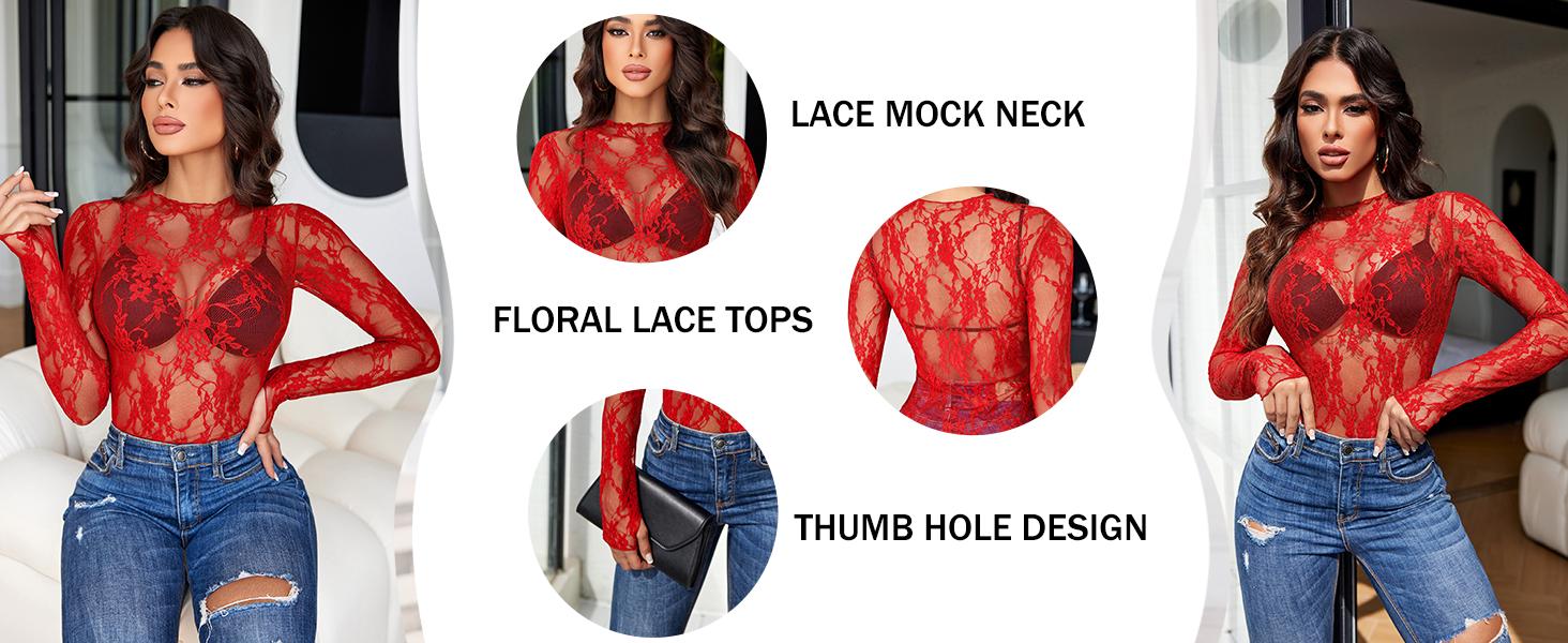 Avidlove Women's Mesh Top Long Sleeve Mock Neck Blouse Floral Lace Tops