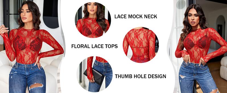 Avidlove Women's Mesh Top Long Sleeve Mock Neck Blouse Floral Lace Tops