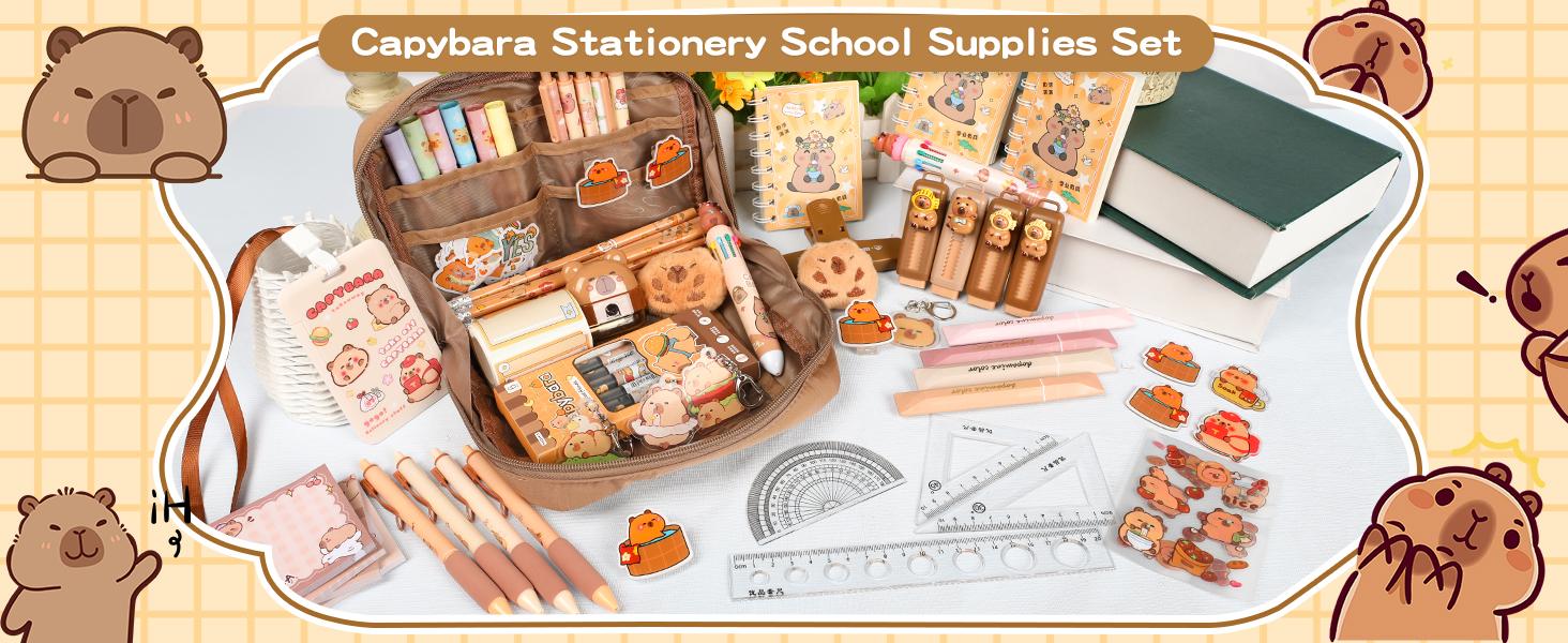Lebaley Capybara Gifts - 27PCS Capybara Pencil Case,Capybara Stationery Set,Cute Back to School School Supplies,Pencil Bag include Gel Pens Pencil Sticky Notes Pins Notebook Card Holder Key Chain