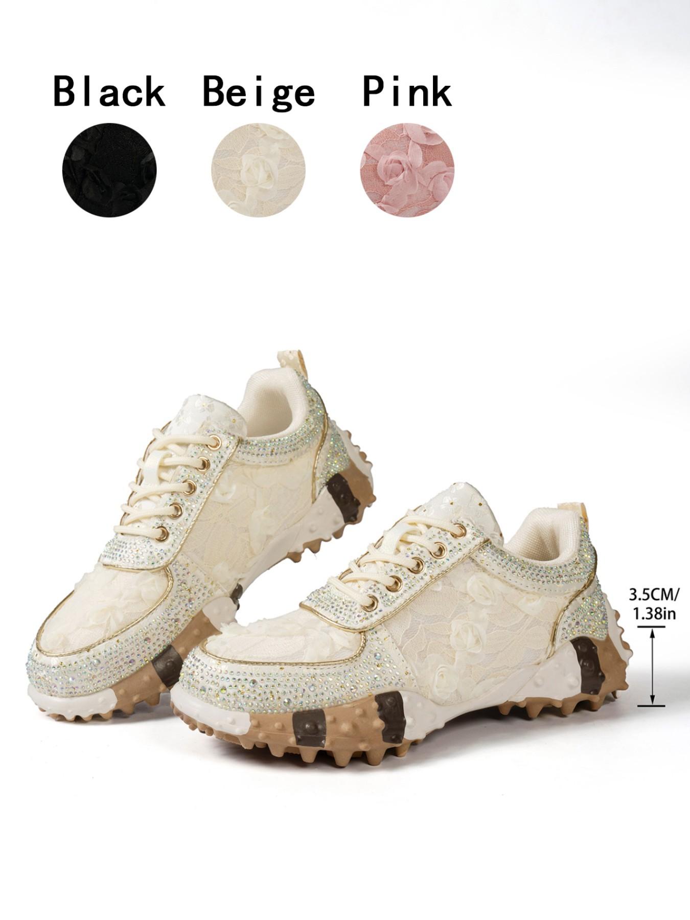 1 Pair, Lace Casual Sneakers with 3D Rose & Rhinestone Trim, Anti-slip Height Increasing Women Shoes in Sweet Fairy Style, Affordable Fashion Item, Versatile Footwear for Daily Outings