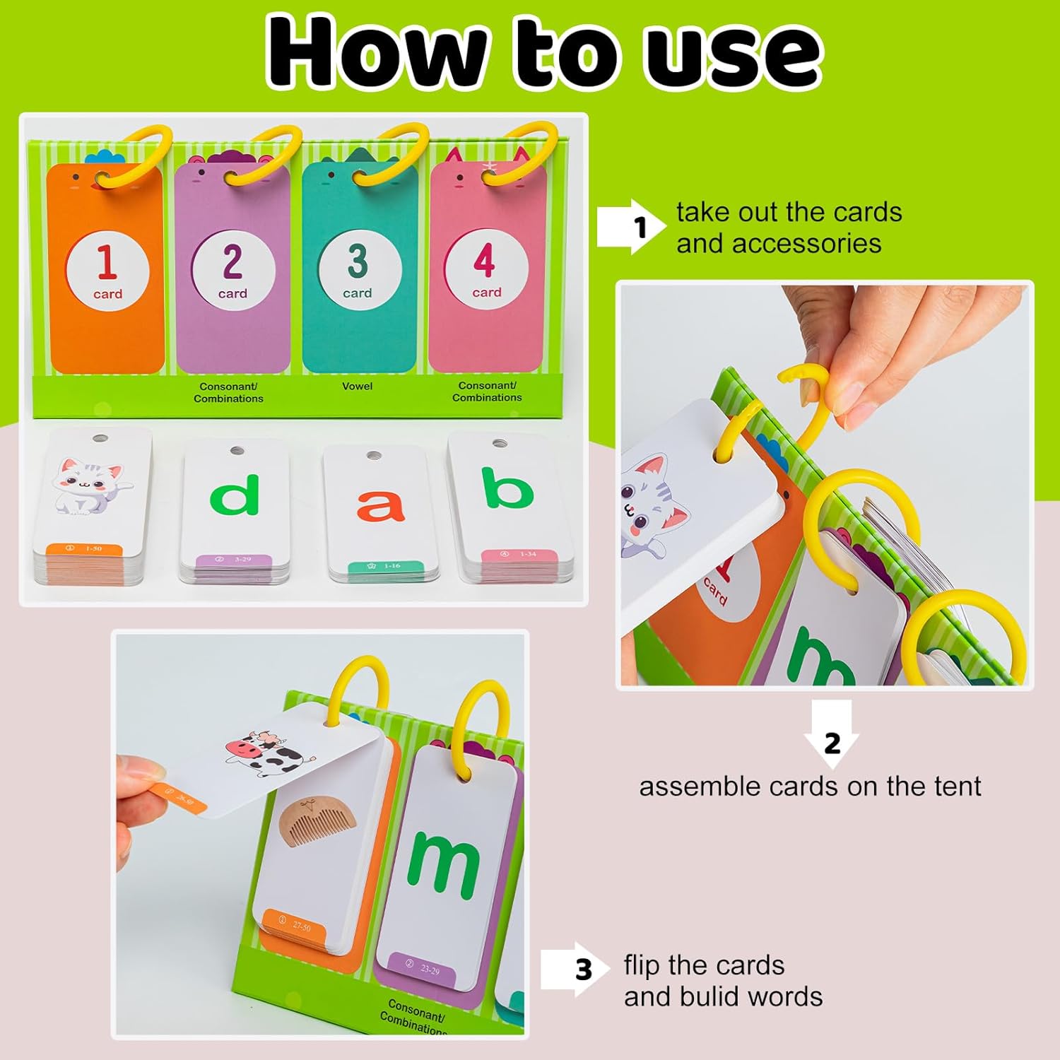 Cvc & Cvcc Words Games Phonics Flash Cards for Preschool Kindergarten, Alphabet Learning Pocket Chart, Educational Tool for Students Teachers, Flashcards Learning Alphabet