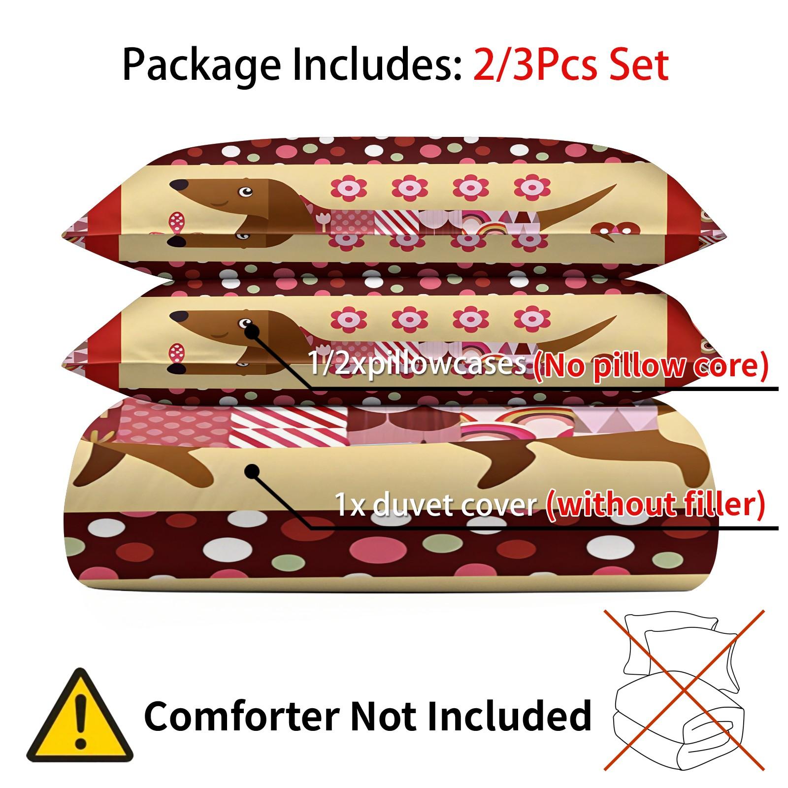 3PCS Cartoon Patchwork Dachshund Duvet Cover Set（1 Duvet Cover + 1-2 Coreless Pillowcases ), Vintage Geometric Floral Sausage Dog Pattern, Soft Comfy All Seasons Bedding Set,Ideal for Cute Pet Themed Bedroom Decor