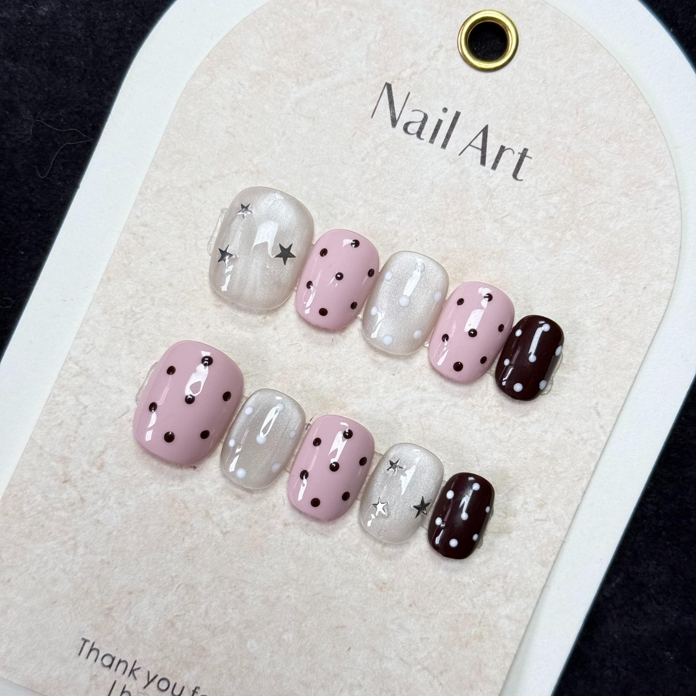 No Cheap Flair! Pink Brown Exquisite Hand-Painted Press On Fake Nails, Reusable, Glow Cream Base & Star Design, Euro-Style Sweet Luxury Nails