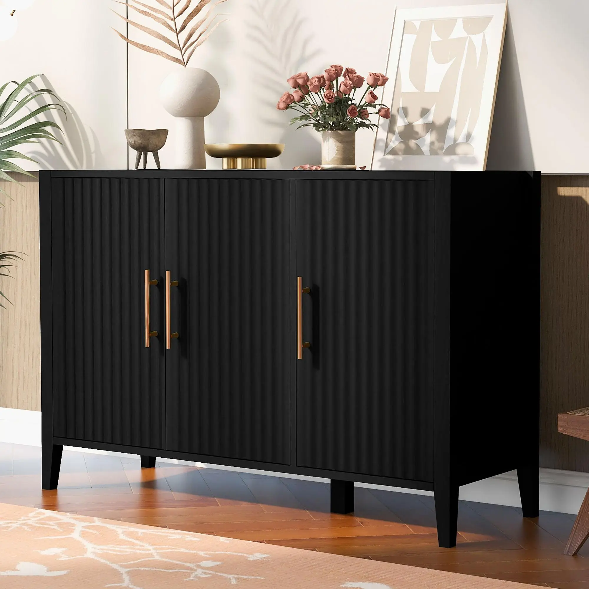U-Style Wavy 3-Door Sideboard with Solid Pine Legs, Black Painted Storage Cabinet for Living Room, Entryway, Kitchen, and Home Office