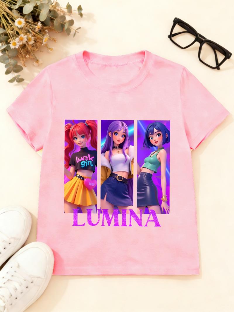 Kpop Hunter Girl Group New Year Hot Pattern Print Girls Casual Round Neck Loose Sports T-Shirt, Elastic Fabric, Kids Outdoor Indoor Activities