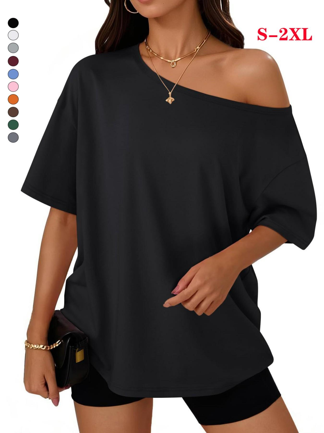 2026 Women Summer Casual Off Shoulder T Shirts Batwing Short Sleeve Loose Solid Color Basic Tee Tops
