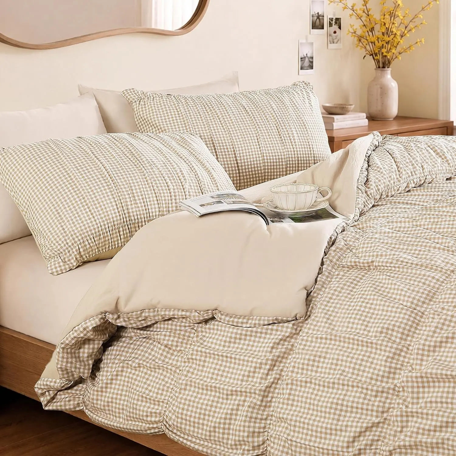 Tan Gingham Queen Size Comforter Sets - 3 Pieces Ruched Bedding