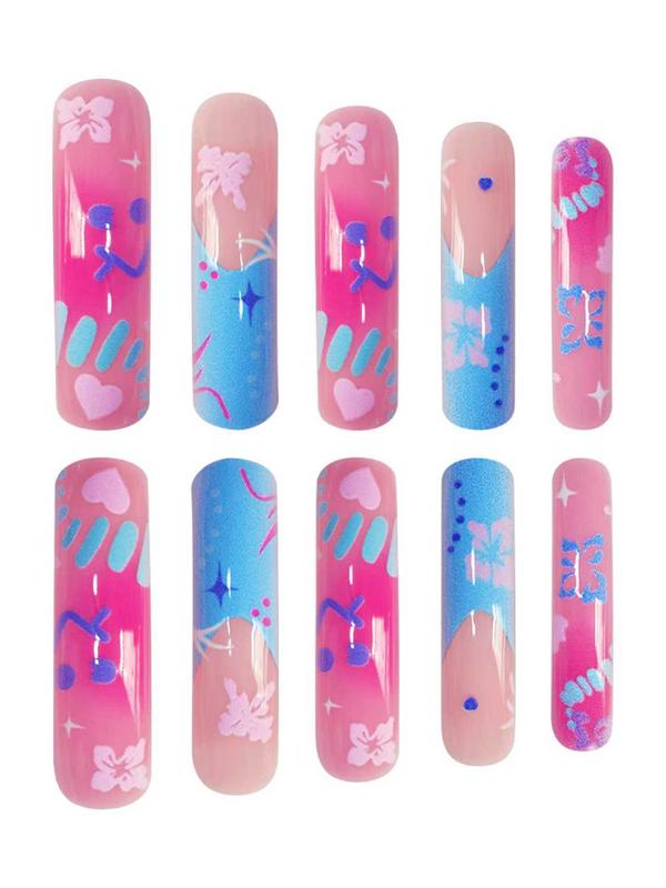 20-Piece Medium Length Press-On Nails Set, Sweet Blue Floral Design with Glossy Finish, Easy to Wear Curved Shape Nail Art for Girls