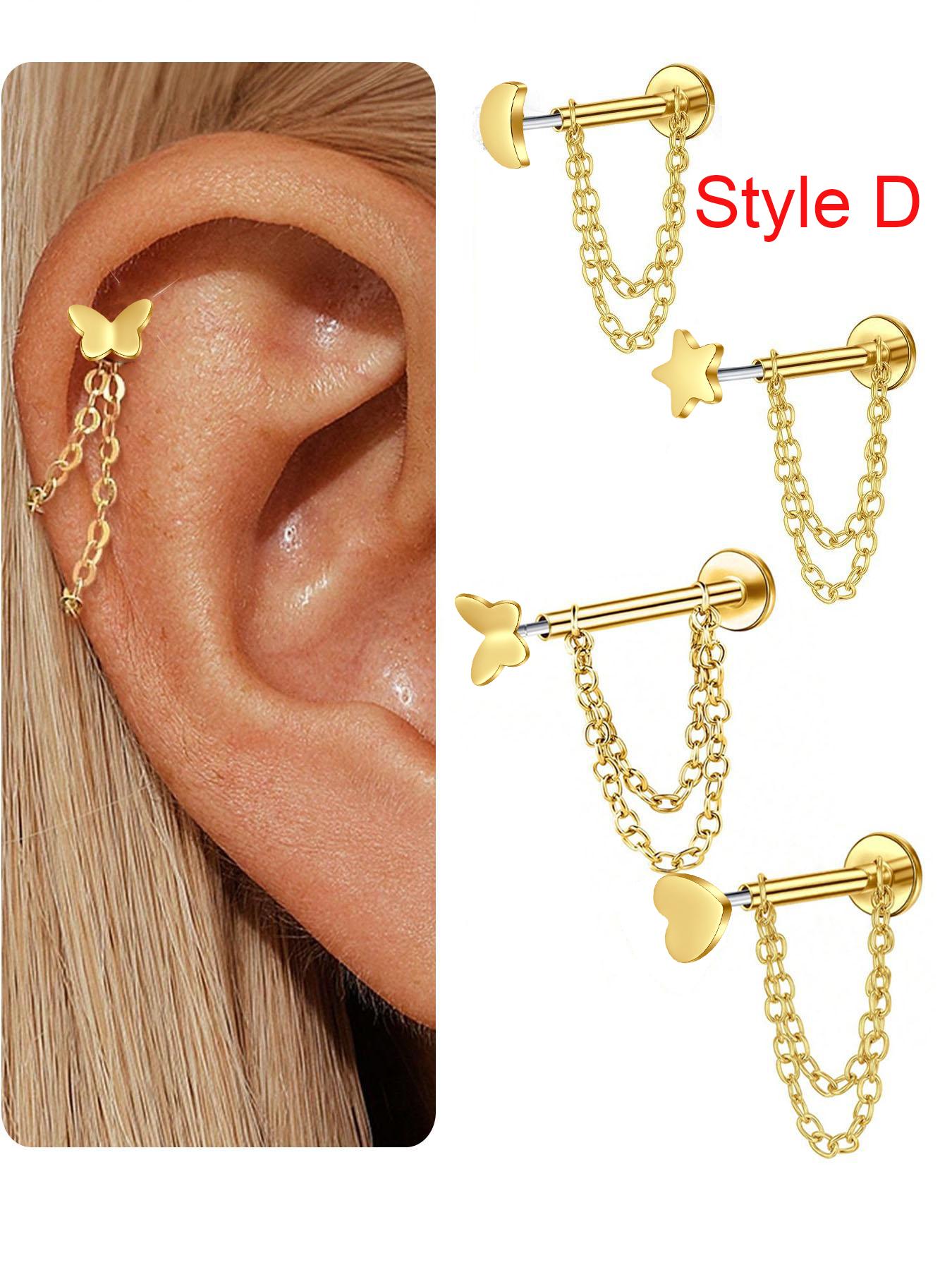 Unisex Stainless Steel Cubic Zirconia Earrings, 20G Push-Back Studs with Double Chain Design, Fashion Ear Jewelry, Trendy Jewelry Accessories, Perfect Gift