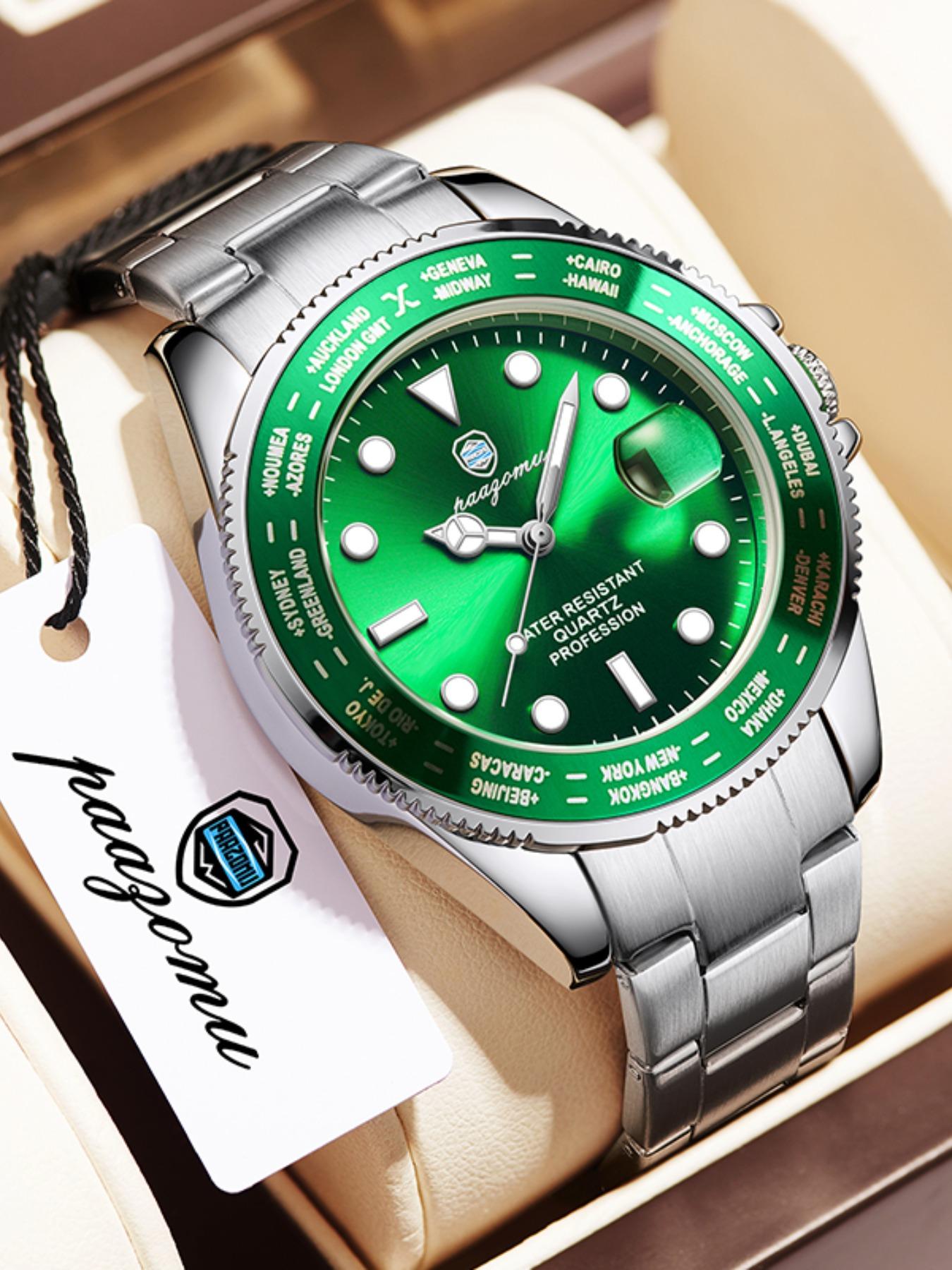 Paazomu Sport Men's Watch, Quartz Analog Display, Waterproof & Luminous, Stainless Steel Band, Casual Style, Ideal Gift