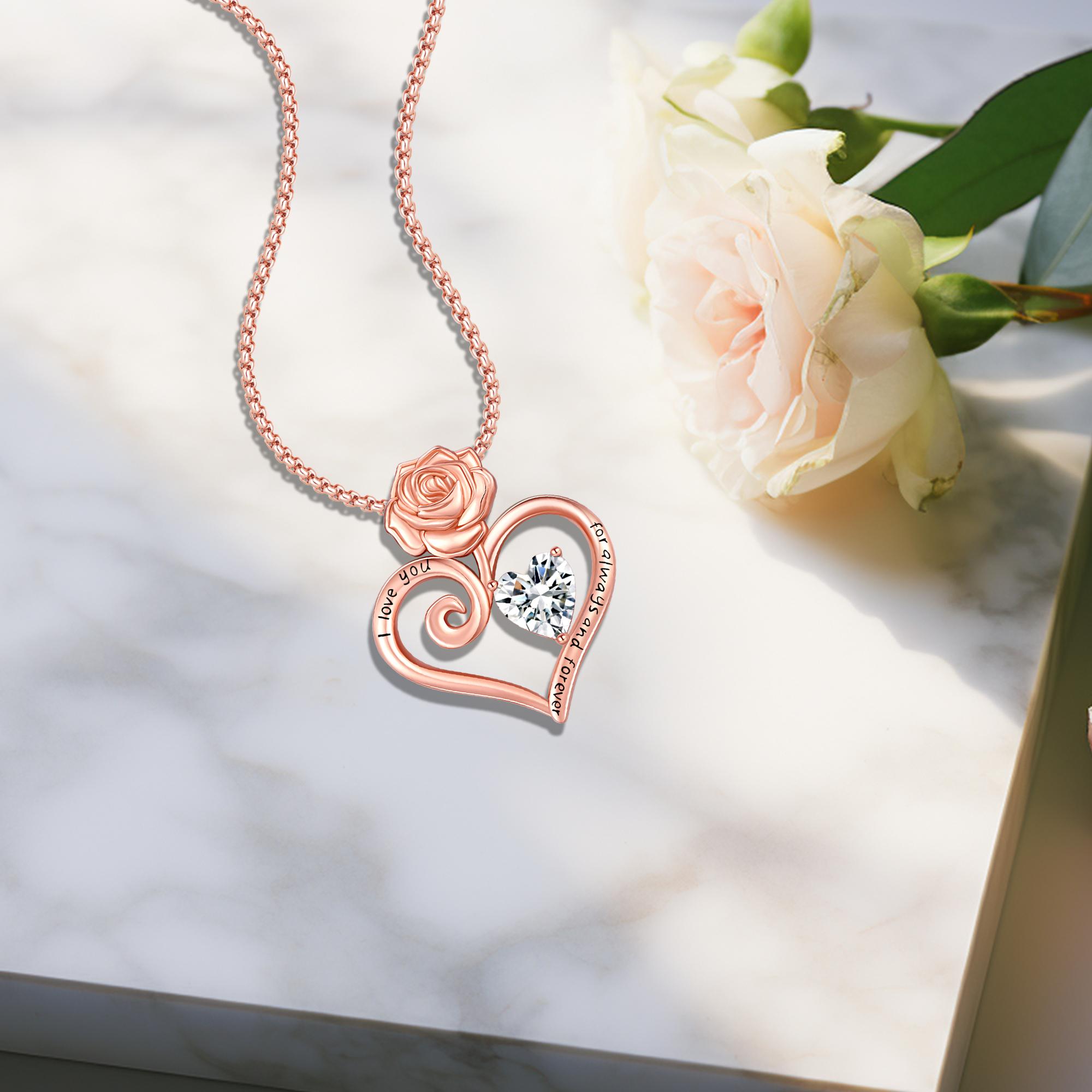 DRINSPER Rose Heart Necklace Rose Pendant Necklace I Love You Forever and Ever for Women Anniversary Birthday Mothers Day Gifts Jewelry for Wife Girlfriend Sister