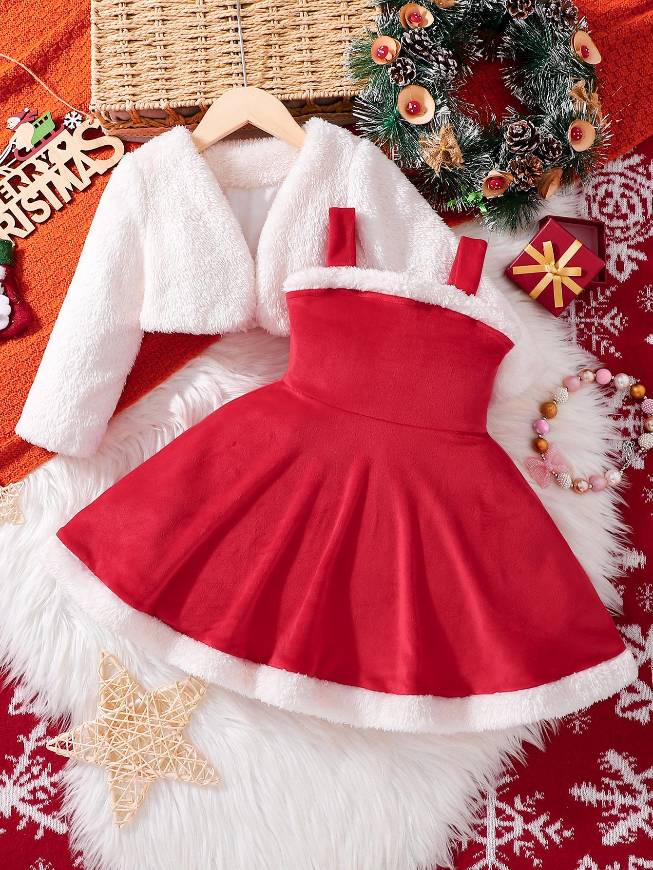 Autumn Winter Girls Clothes Christmas Dress Two Piece Set Red Velvet Slip Dress + Milk White Faux Fur Jacket Cute Sweet Style Party Outfit Warm & Trendy Christmas Clothing