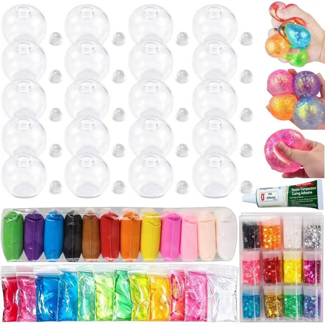 DIY Stress Ball Making Kit, Includes 12 Colors Slime, Clay, Glitter, 20 Transparent Balls, Perfect for Stress Relief, DIY Craft Set
