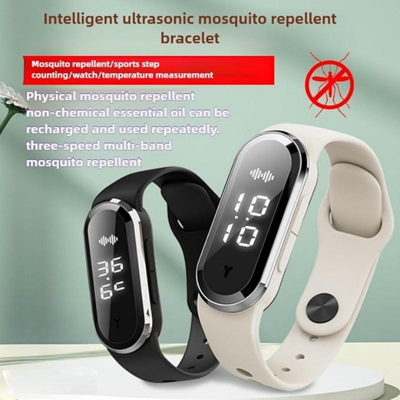 Ultrasonic mosquito repellent wristband, chemical-free bite-prevention device, with three adjustable modes, equipped with digital light display, suitable for outdoor activities, nighttime use and household use. With running count function