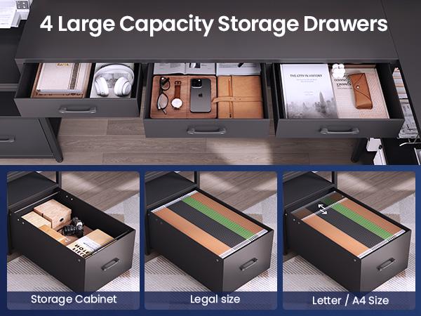 SEDETA 59Inch L Shaped Gaming Desk with PC Display Stand, Reversible Computer Desk with Storage Shelves, 4 Drawer & LED Lights, Modern Gamer Desk Table with Power Outlet, Monitor Stand