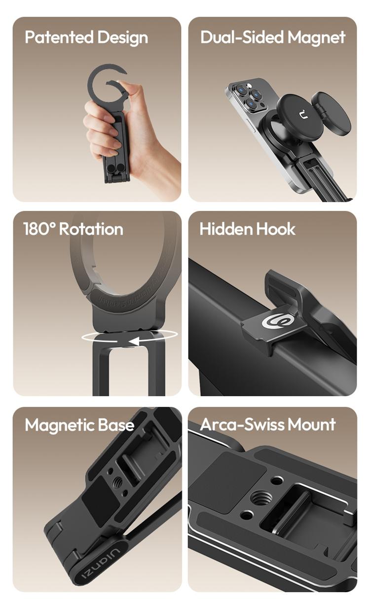 ULANZI Magnetic Phone Tripod for iPhone, MA38 Portable Phone Holder Mini Tripod for Magsafe with Double-Sided Strong Magnetic 1/4'' Arri Locating Hole Foldable Hook for iPhone 16 15 14 13 12